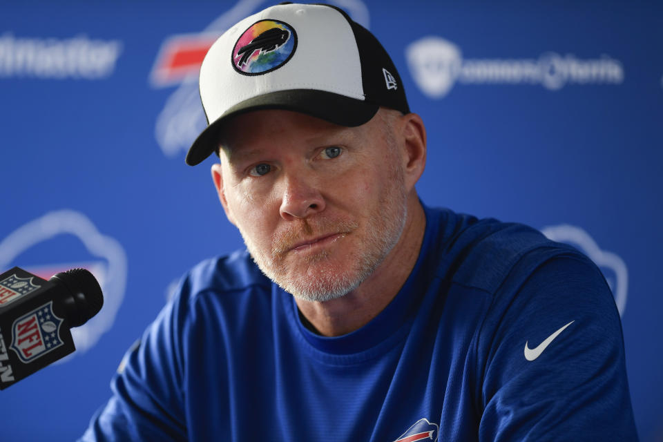 Buffalo Bills head coach Sean McDermott speaks during a news conference before practice at the NFL football team's training camp in Pittsford, N.Y., Wednesday, July 26, 2023. (AP Photo/Adrian Kraus)