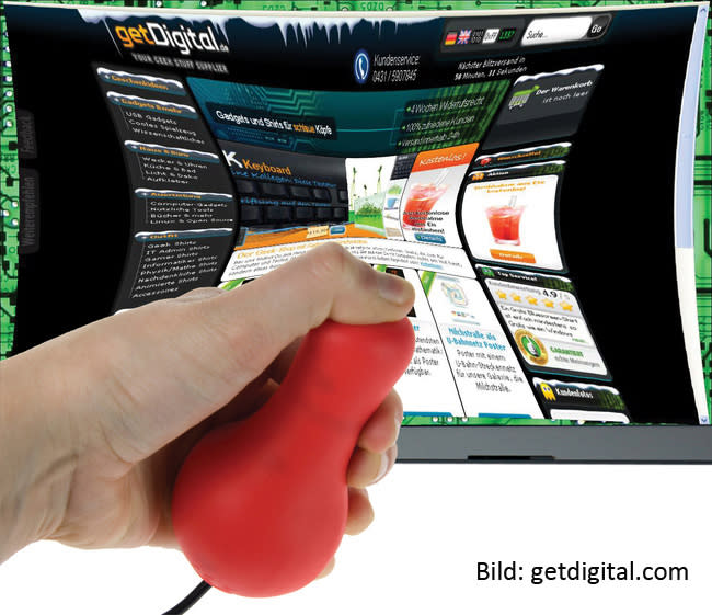 <b>USB Stressball</b><br><br> Diese Momente kennt fast jeder: Sie lesen eine Nachricht auf dem Bildschirm und möchten vor Wut am liebsten in die Tastatur beißen. Brauchen Sie nicht. Denn jetzt gibt es den ‚USB Stressball‘. Den können Sie drücken, quetschen, ziehen und verdrehen. Das Lustige daran: Das geöffnete Fenster auf dem Bildschirm bewegt sich entsprechend mit. So können Sie eine Internetseite zum Beispiel einfach zerknüllen wie ein Stück Papier. Ha!