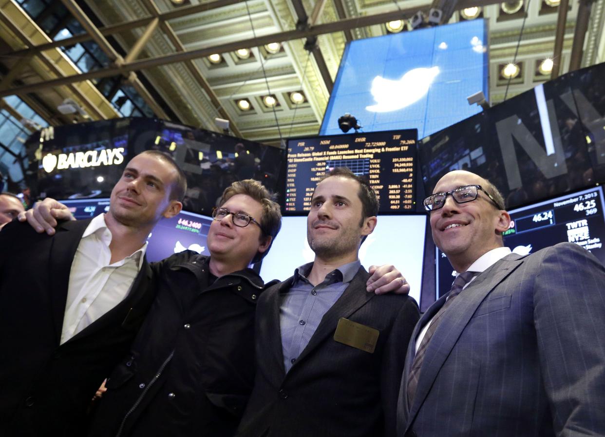 Twitter went public in November 2013. Dorsey is pictured with co-founders Biz Stone and Evan Williams and then-CEO Dick Costolo on the floor of the New York Stock Exchange.