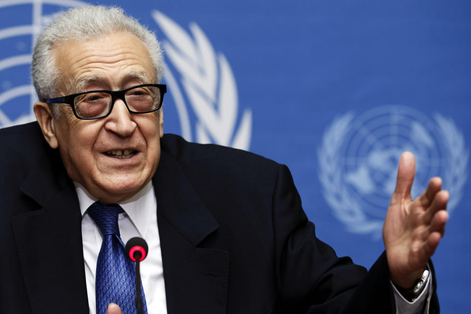 UN-Arab League envoy for Syria Lakhdar Brahimi speaks during a news conference after closing the second round of negotiation between the Syrian government and the opposition at the European headquarters of the United Nations, in Geneva, Switzerland, Saturday, Feb. 15, 2014. Brahimi ended direct talks between the Syrian government and opposition Saturday without finding a way of breaking the impasse in peace talks. Saturday's talks, which lasted less than half an hour, left the future of the negotiating process in doubt. (AP Photo/Keystone, Salvatore Di Nolfi)