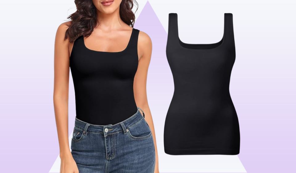 woman wearing black compression tank top and jeans beside tank top by itself