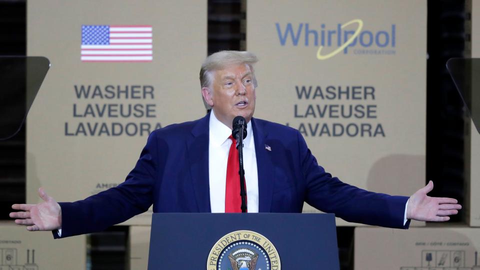 "We cannot rely on China and other nations across the globe that could one day deny us products at a time of need," President Donald Trump says at a Whirlpool plant Aug. 6 in Clyde, Ohio.