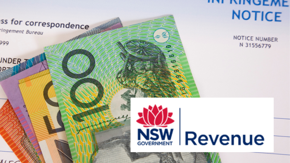 Australian police infringement notice, Australian cash. Inset: Revenue NSW logo. 