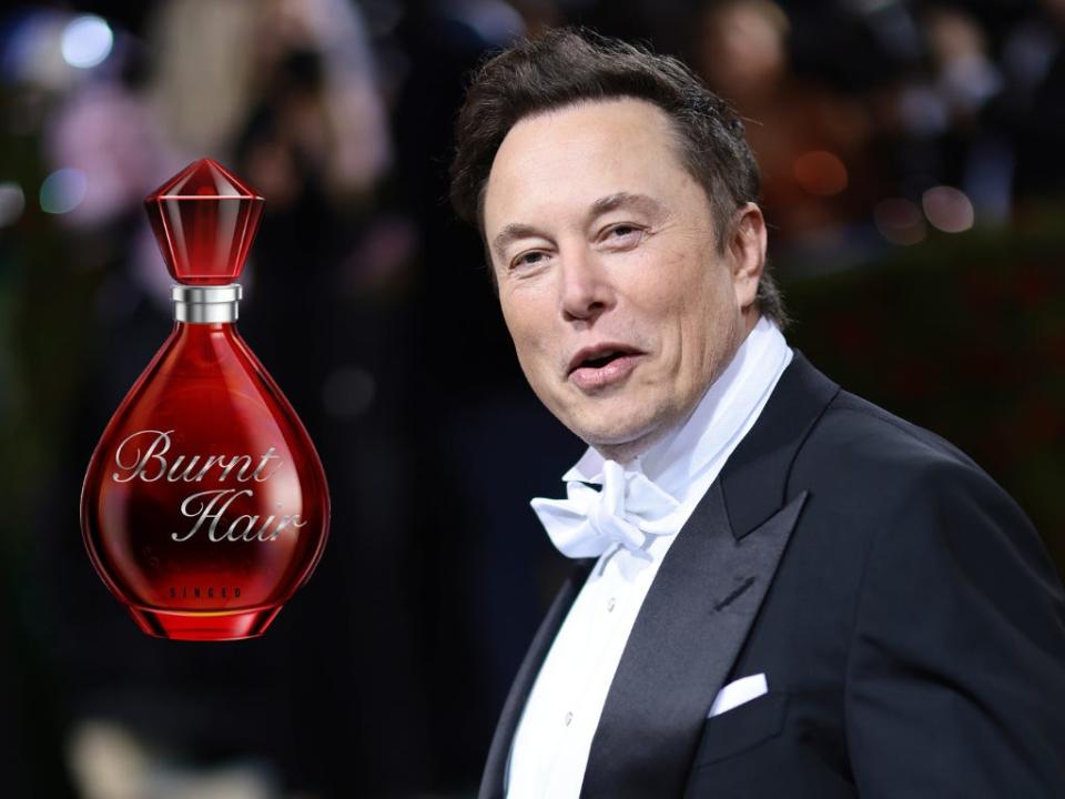 A composite image of a bottle of "Burnt Hair" perfume and Elon Musk