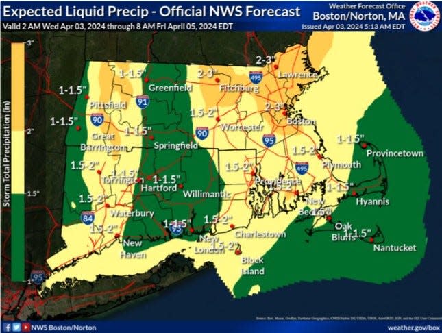 The storm will bring up to 2 inches of rain to Rhode Island, according to the National Weather Service.