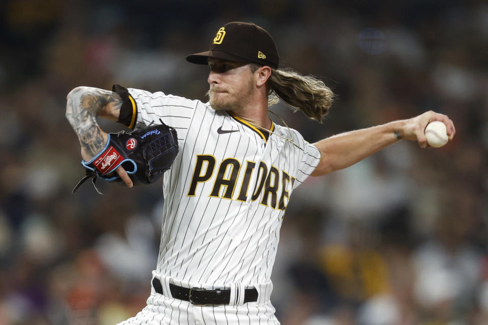 San Diego Padres starting pitcher Josh Hader delivers against the San Francisco Giants during the ninth inning of a baseball game, Monday, Aug. 8, 2022, in San Diego. (AP Photo/Mike McGinnis)