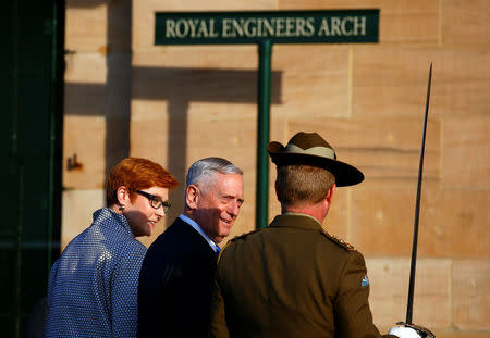 U.S. Secretary of Defence Jim Mattis (C) walks with Australia's Minister for Defence Marise Payne after an inspection of an honour guard as part of the 2017 Australia-United States Ministerial Consultations (AUSMIN) meetings at the Australian Army's Victoria Barracks in Sydney, Australia, June 5, 2017. REUTERS/David Gray