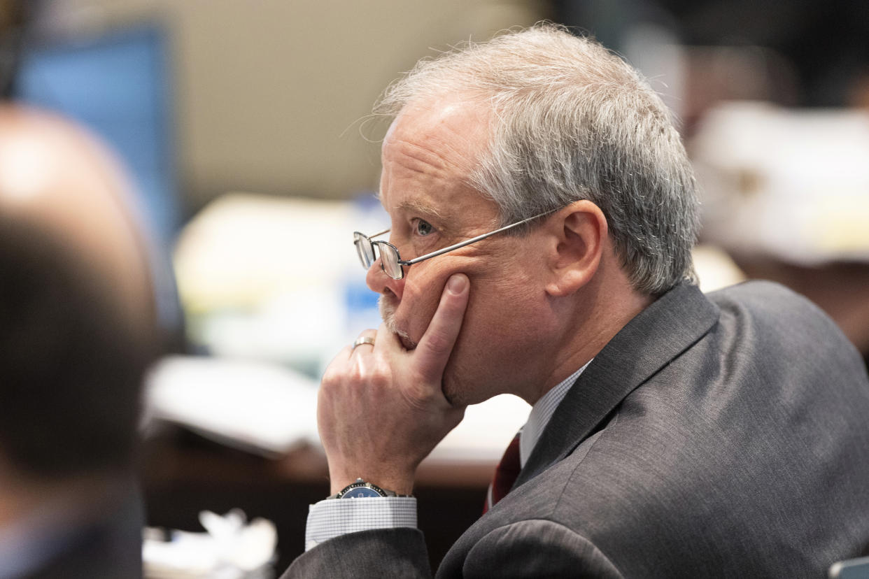 Prosecutor Creighton Waters listens during witness testimony of Alex Murdaugh's trial for murder at the Colleton County Courthouse in Walterboro, S.C., on Wednesday, Feb. 22, 2023. The 54-year-old attorney is standing trial on two counts of murder in the shootings of his wife and son at their Colleton County, S.C., home and hunting lodge on June 7, 2021. (Joshua Boucher/The State via AP, Pool)