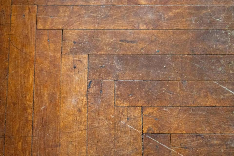 Wood flooring intersects in the great hall of the Justice and Dignity Center building on Wednesday, March 20, 2024, in Kansas City.