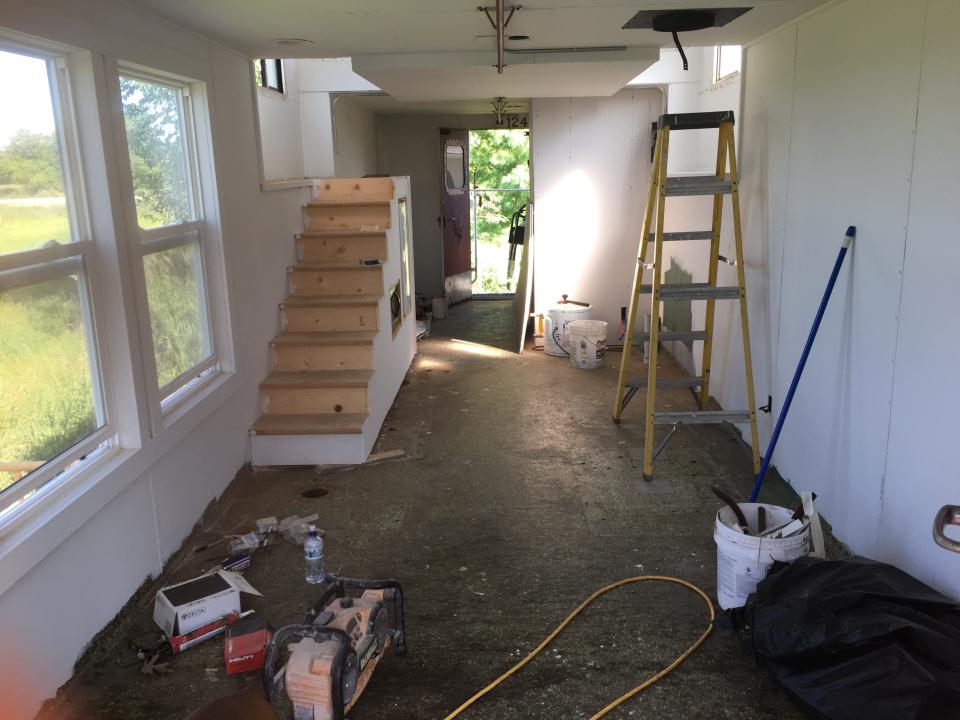 Inside of a train caboose in Iowa being renovated.