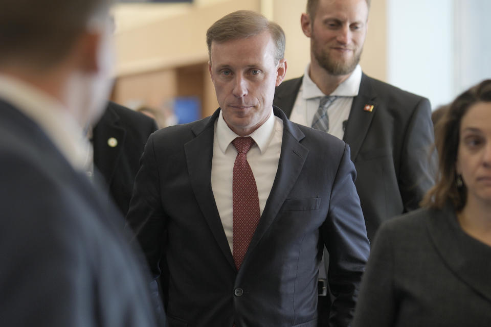 Jake Sullivan U.S. National Security Advisor leaves after meeting Ukrainian President Volodymyr Zelenskyy at the Annual Meeting of World Economic Forum in Davos, Switzerland, Tuesday, Jan. 16, 2024. The annual meeting of the World Economic Forum is taking place in Davos from Jan. 15 until Jan. 19, 2024.(AP Photo/Markus Schreiber)