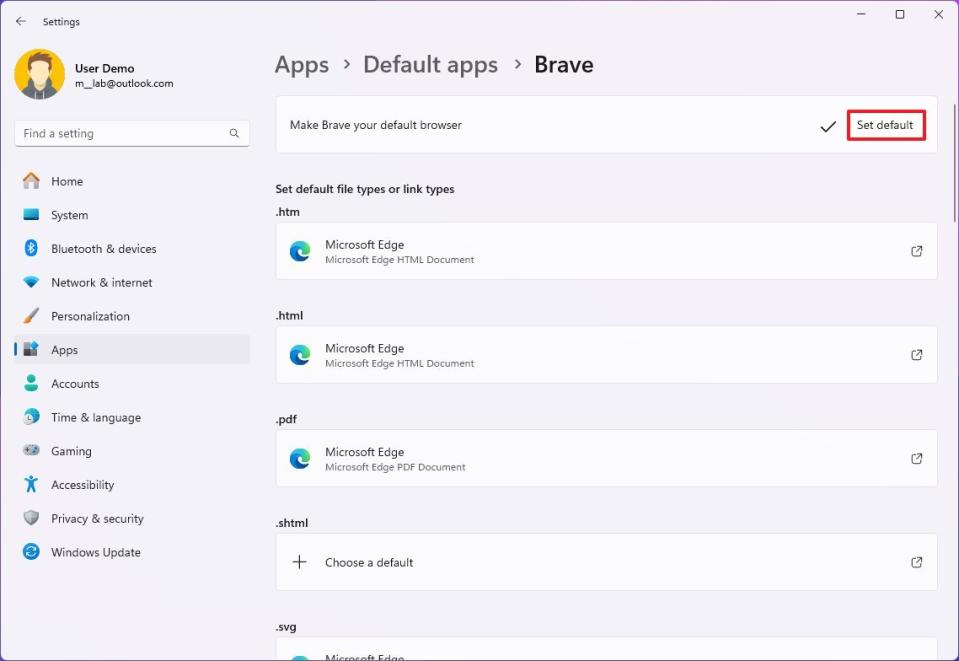 Windows 11 set Brave default