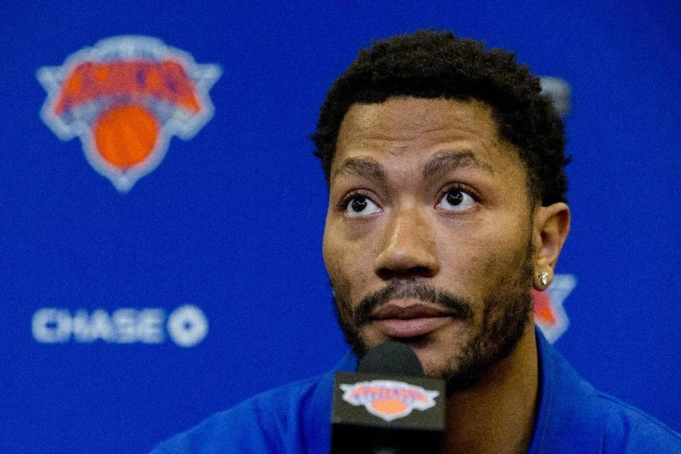 Derrick Rose speaks during a news conference at Madison Square Garden in June. (AP Photo/Mary Altaffer)