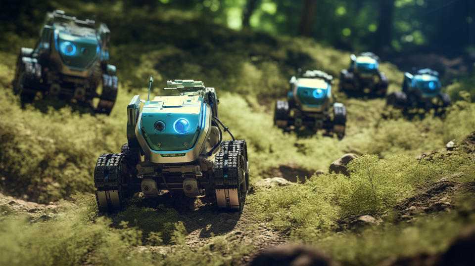 A group of robotic vehicles navigating a terrain autonomously utilizing the company's 3D vision technology.