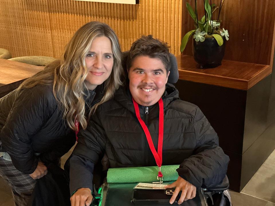 Jill Castle with her son Anthony, who has Duchenne Muscular Dystrophy, a degenerative muscular disease.