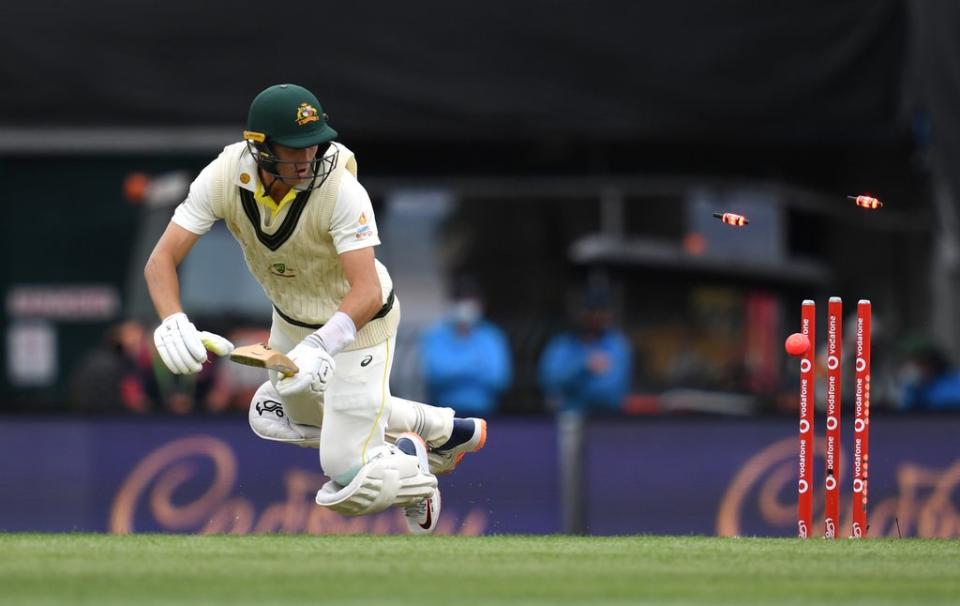 Australia’s Marnus Labuschagne is clean bowled (Darren England/PA) (PA Media)