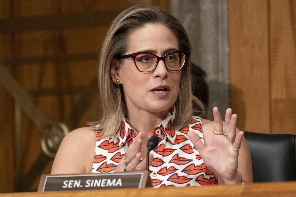 FILE - Sen. Kyrsten Sinema, D-Ariz., speaks during a Senate Homeland Security and Governmental Affairs committee hearing Sept. 14, 2022, on Capitol Hill in Washington. Sinema won Democrats a Senate seat from Arizona for the first time in a generation thanks in no small part to unity in her party and division among Republicans. Since then, Democrats have picked up the other Senate seat and won the top three state offices. But that winning formula is in jeopardy because of Sinema's estrangement and divorce from the Democratic Party, a situation that could complicate President Joe Biden's path to reelection and the party's hopes for maintaining control of the Senate. (AP Photo/Alex Brandon, File)