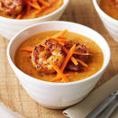 <p>This Moroccan-inspired soup is made with roasted butternut squash and tomatoes, flavored with creamy peanut butter, and topped with zesty shrimp and julienned carrots. It's a beautiful appetizer to serve to guests--and they'll love the taste! <a href="https://www.eatingwell.com/recipe/269441/peanut-shrimp-soup/" rel="nofollow noopener" target="_blank" data-ylk="slk:View Recipe;elm:context_link;itc:0;sec:content-canvas" class="link ">View Recipe</a></p>