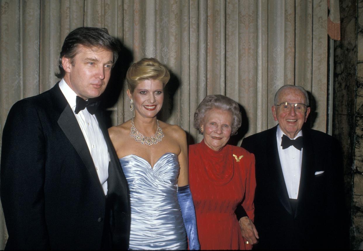 Donald Trump and then-wife Ivana Trump attend a 90th birthday party for Dr. Norman Vincent Peale (far right) at the Waldorf Astoria Hotel in New York on May 26, 1988. (Photo: Ron Galella via Getty Images)