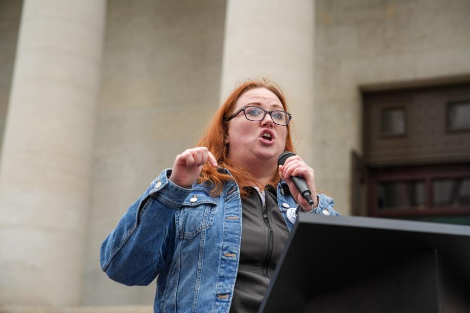 Lauren Blauvelt, co-chair of Ohioans United for Reproductive Rights and vice president of government affairs and public advocacy for Planned Parenthood Advocates of Ohio, tells people on Sunday the importance of speaking to friends, family members, and neighbors about supporting Issue 1 on the Nov. 7 ballot to enshrine abortion rights in the state constitution.