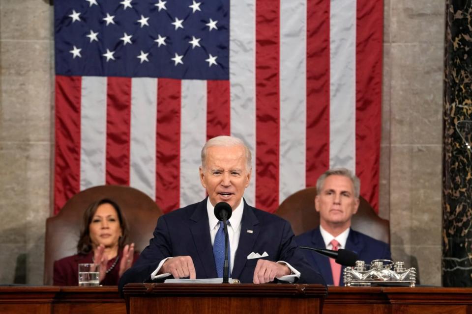 <div class="inline-image__caption"><p>President Joe Biden delivers the State of the Union address as Vice President Kamala Harris and House Speaker Kevin McCarthy watch. </p></div> <div class="inline-image__credit">Reuters</div>