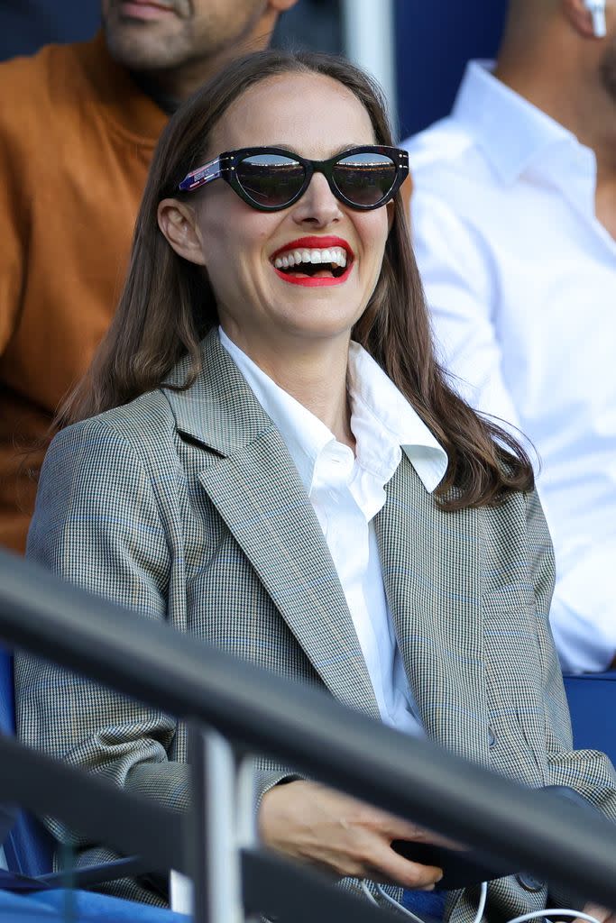 Natalie Portman is seen during the Ligue 1 match between Paris Saint-Germain and Clermont Foot at Parc des Princes on June 03, 2023 in Paris, France