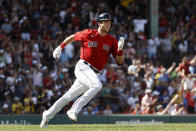 Boston Red Sox's Bobby Dalbec runs out his two-run double against the Tampa Bay Rays during the second inning of a baseball game Monday, Sept. 6, 2021, at Fenway Park in Boston. (AP Photo/Winslow Townson)