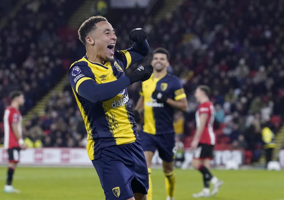 Bournemouth's Marcus Tavernier celebrates scoring his side's third goal of the game, during the English Premier League soccer match between Sheffield United and Bournemouth, at Bramall Lane, in Sheffield, England, Saturday, Nov. 25, 2023. (Danny Lawson/PA via AP)