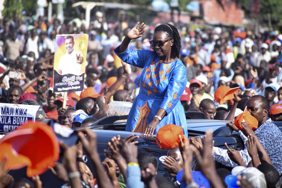 Kenyan presidential candidate Raila Odinga's running mate Martha Karua gestures to supporters at a campaign rally in Mombasa, Kenya, Friday, Aug. 5, 2022. Kenya is due to hold its general election on Tuesday, Aug. 9 as East Africa's economic hub chooses a successor to President Uhuru Kenyatta. (AP Photo/Gideon Maundu)