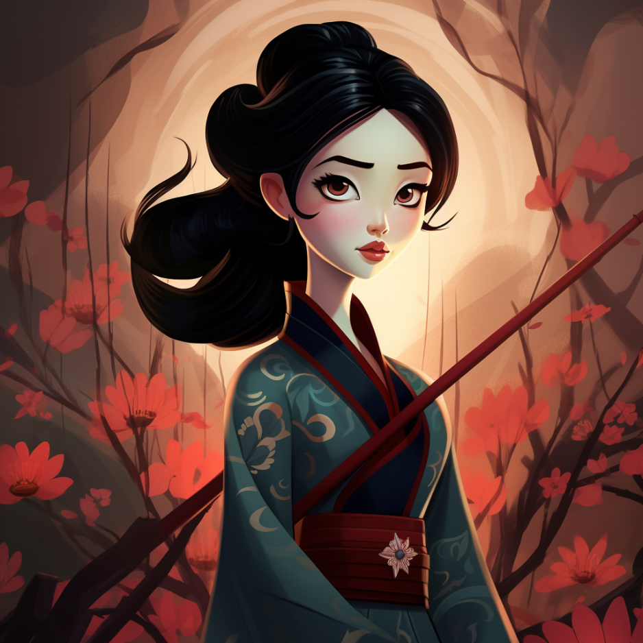 Mulan sits in a kimono as if she's posing for a portrait, with flowers and tree branches behind her