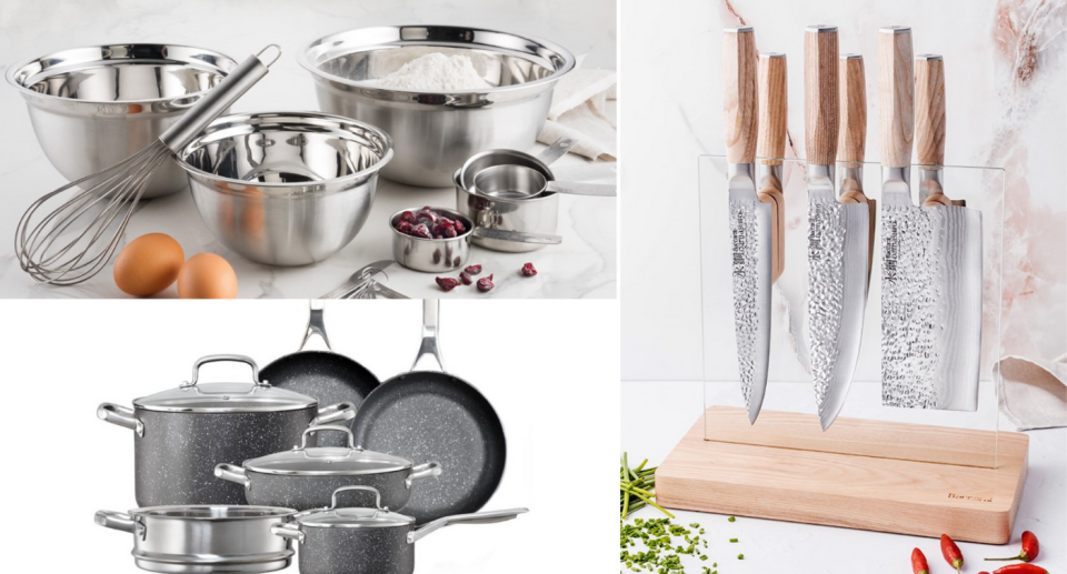 A selection of kitchenware items available at catch.com.au: mixing bowls, cookware and knives