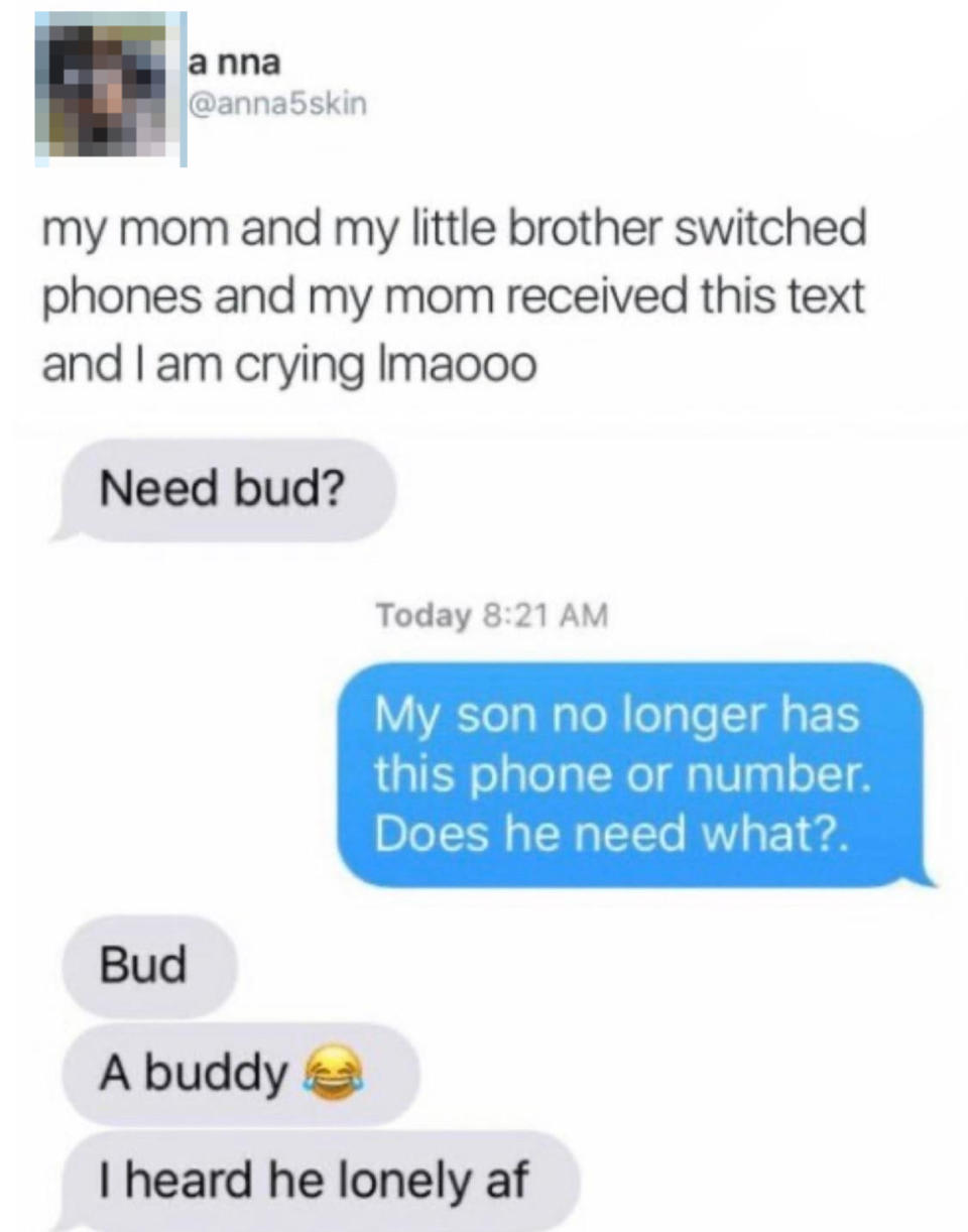 Screen capture of a humorous text exchange where someone offers 'bud' and receives a confused response from a parent