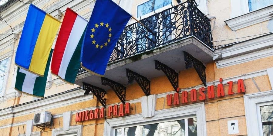 The Hungarian flag at the entrance to the city council building in Berehove