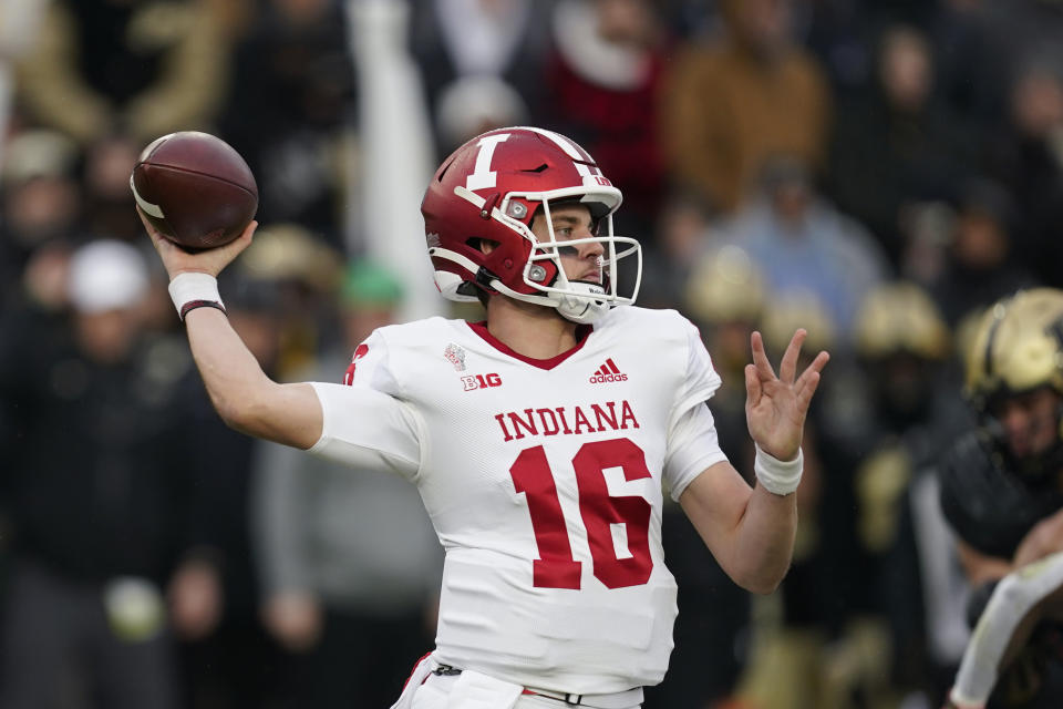 Indiana quarterback Grant Gremel throws during the first half of an NCAA college football game against Purdue, Saturday, Nov. 27, 2021, in West Lafayette, Ind.(AP Photo/Darron Cummings)