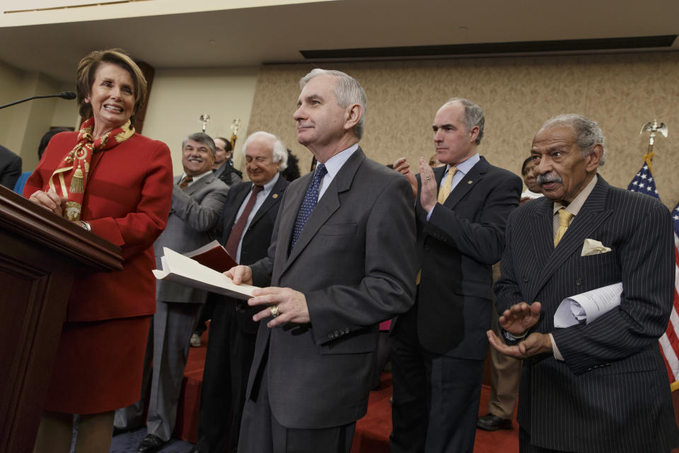 House Minority Leader Nancy Pelosi of Calif.,  left, speaks during a news conference on Capitol Hill in Washington, Wednesday, Jan. 8, 2014, about extending unemployment insurance benefits. From left are, Pelosi, D-Calif., AFL-CIO President Richard Trumka, Rep. Sander Levin, D-Mich., Sen. Jack Reed, D-R.I., Sen. Bob Casey, D-Pa., and Rep. John Conyers, D-Mich. Sen. Reed, is leading the effort in the Senate to reauthorize the benefits for three months. (AP Photo/J. Scott Applewhite)