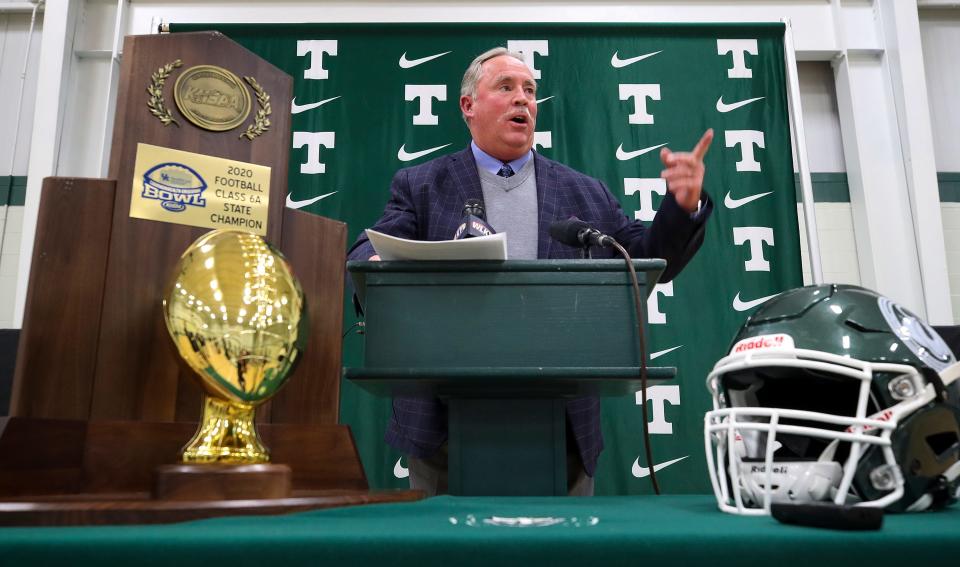 Former Trinity High School football coach Bob Beatty speaks during a news conference announcing his retirement after 21 seasons, 15 championships, on Jan. 7, 2021.