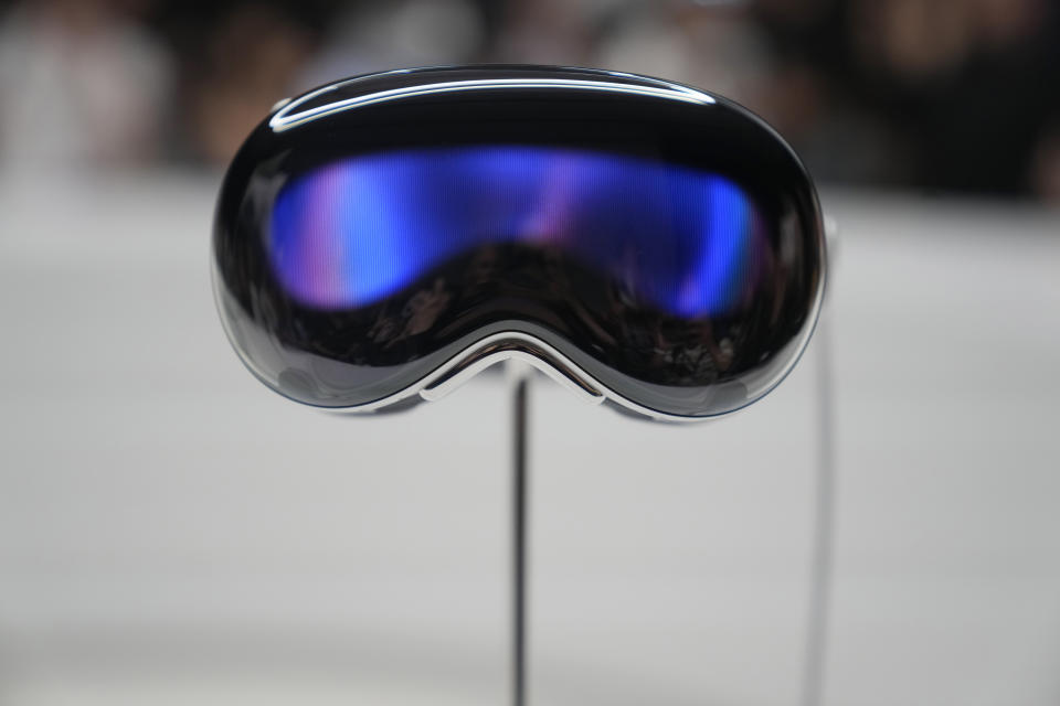 The Apple Vision Pro headset is displayed in a showroom on the Apple campus Monday, June 5, 2023, in Cupertino, Calif. (AP Photo/Jeff Chiu)