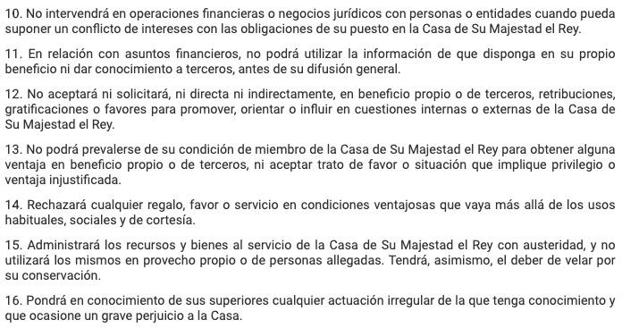 Los puntos del 10 al 16 del Código de Conducta del Personal de la Casa de S.M. el Rey (Fuente: web de la Casa Real)