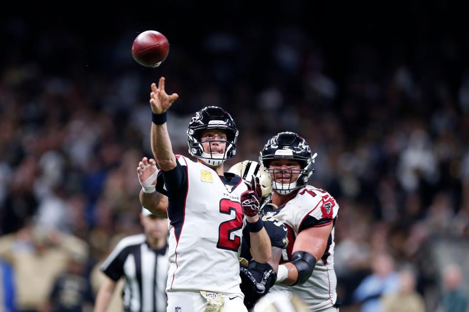 <p>
              Atlanta Falcons quarterback Matt Ryan (2) throws a touchdown pass to running back Brian Hill, not pictured, in the second half of an NFL football game against the New Orleans Saints in New Orleans, Sunday, Nov. 10, 2019. (AP Photo/Rusty Costanza)
            </p>