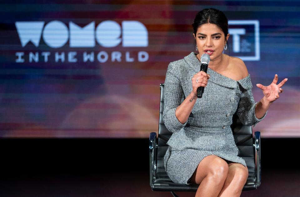 Priyanka Chopra speaks at the Women in the World Summit in New York on Thursday. (Photo: JOHANNES EISELE via Getty Images)