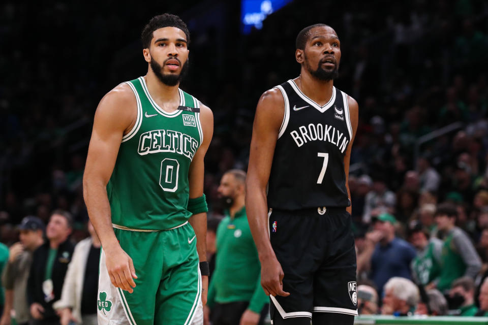 Boston Celtics star Jayson Tatum is the heir apparent to Brooklyn Nets star Kevin Durant. (Paul Rutherford/USA Today Sports)