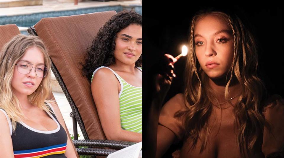 Left: Sweeney (with Brittany O’Grady, right) in HBO’s The White Lotus. Right: The actress on the cable network’s Euphoria. She received Emmy nominations for both shows.