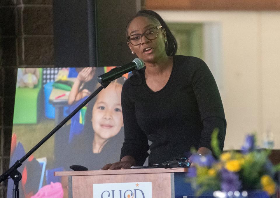 Stockton Unified School District board vice president Kennetha Stevens speaks at SUSD's State of the District event at Franklin High School on Oct. 18, 2023.