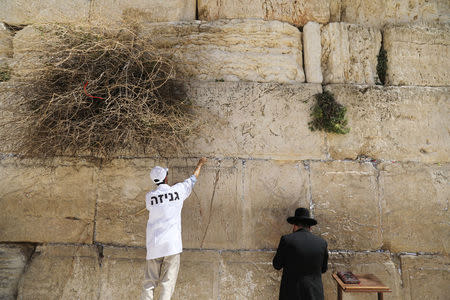 Western Wall Rabbi Shmuel Rabinowitz and a worker clear notes placed in the cracks of the Western Wall, Judaism's holiest prayer site, to create space for new notes ahead of the Jewish holiday of Passover, in Jerusalem's Old City, March 20, 2018. REUTERS/Ammar Awad