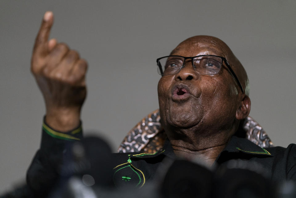 Former president Jacob Zuma gestures as he addresses the press at his home in Nkandla, KwaZulu-Natal Natal Province, Sunday, July 4, 2021. Zuma told hundreds of supporters gathered outside his rural estate that he is appealing his 15-month prison sentence and impending arrest by police. South Africa’s top court, the Constitutional Court, last week sentenced Zuma to prison for defying a court order that he should testify before a commission investigating allegations of rampant corruption when he was president from 2009 to 2018. (AP Photo/Shiraaz Mohamed)