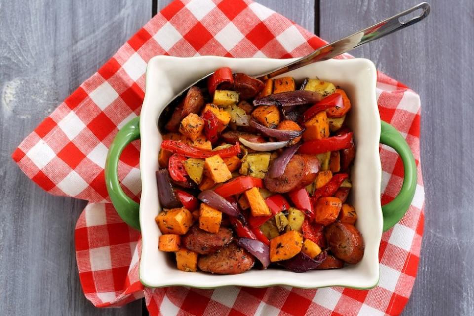 Chop and drop roasted vegetables and sausage