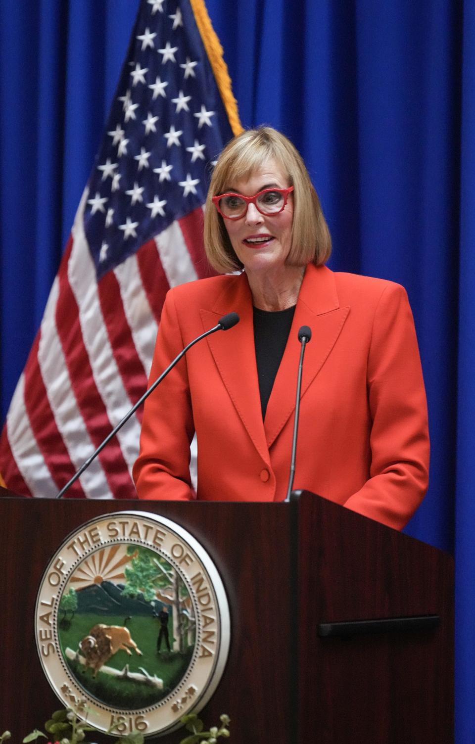 Lt. Gov. Suzanne Crouch speaks during Indiana's oath of office ceremony Monday, Jan. 9, 2023, at the Indiana Statehouse in Indianapolis.