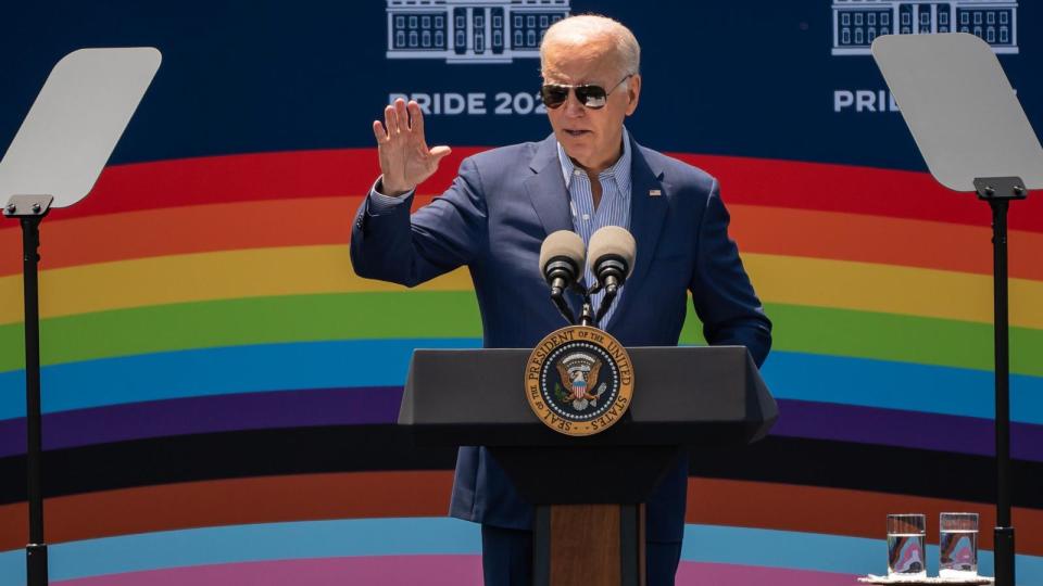 PHOTO: President Joe Biden speaks during a Pride Month celebration event at the White House in Washington, DC, June 10, 2023.  (Nathan Howard/Bloomberg via Getty Images, FILE)