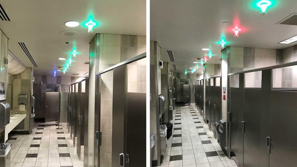 Tooshlights in the LAX bathrooms indicate which stalls are occupied or available