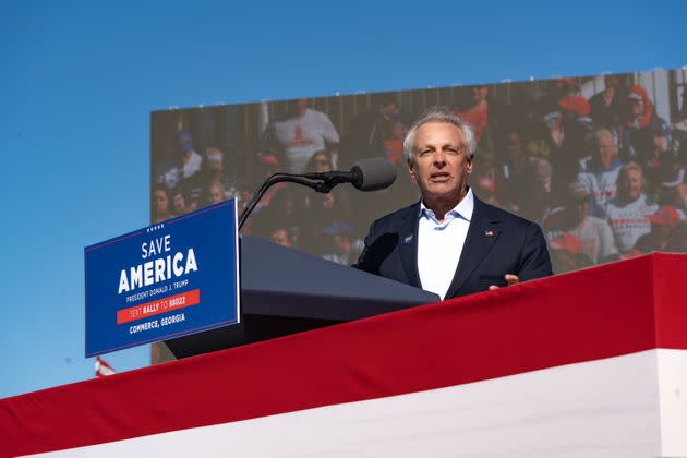 Georgia attorney general candidate John Gordon speaks to supporters of former President Donald Trump during a rally in March. Trump endorsed Gordon in his race against incumbent Attorney General Chris Carr (R), who has said Joe Biden legitimately won the 2020 election. (Photo: Megan Varner via Getty Images)